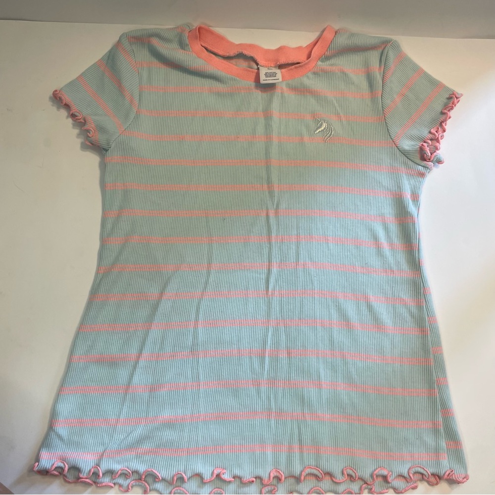 Arizona Jean Co Girl’s Pink/Teal Striped Shirt-Size Large 14